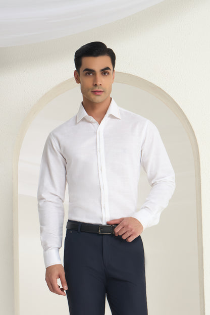 White Linen Shirt with Orange thread Detailing & half Concealed Pocket | INDYSLAY