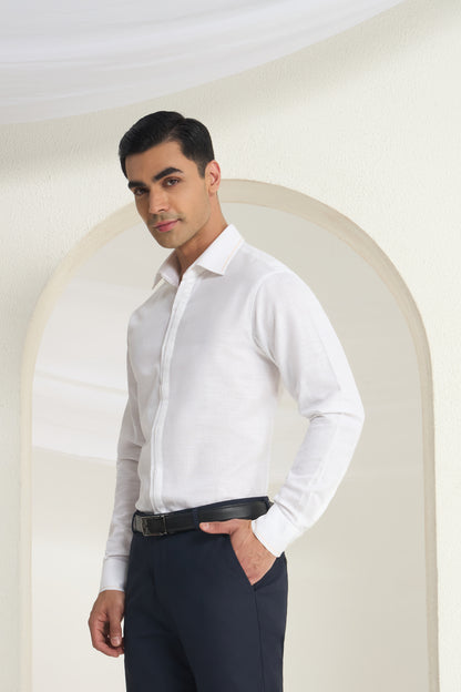 White Linen Shirt with Orange thread Detailing & half Concealed Pocket | INDYSLAY