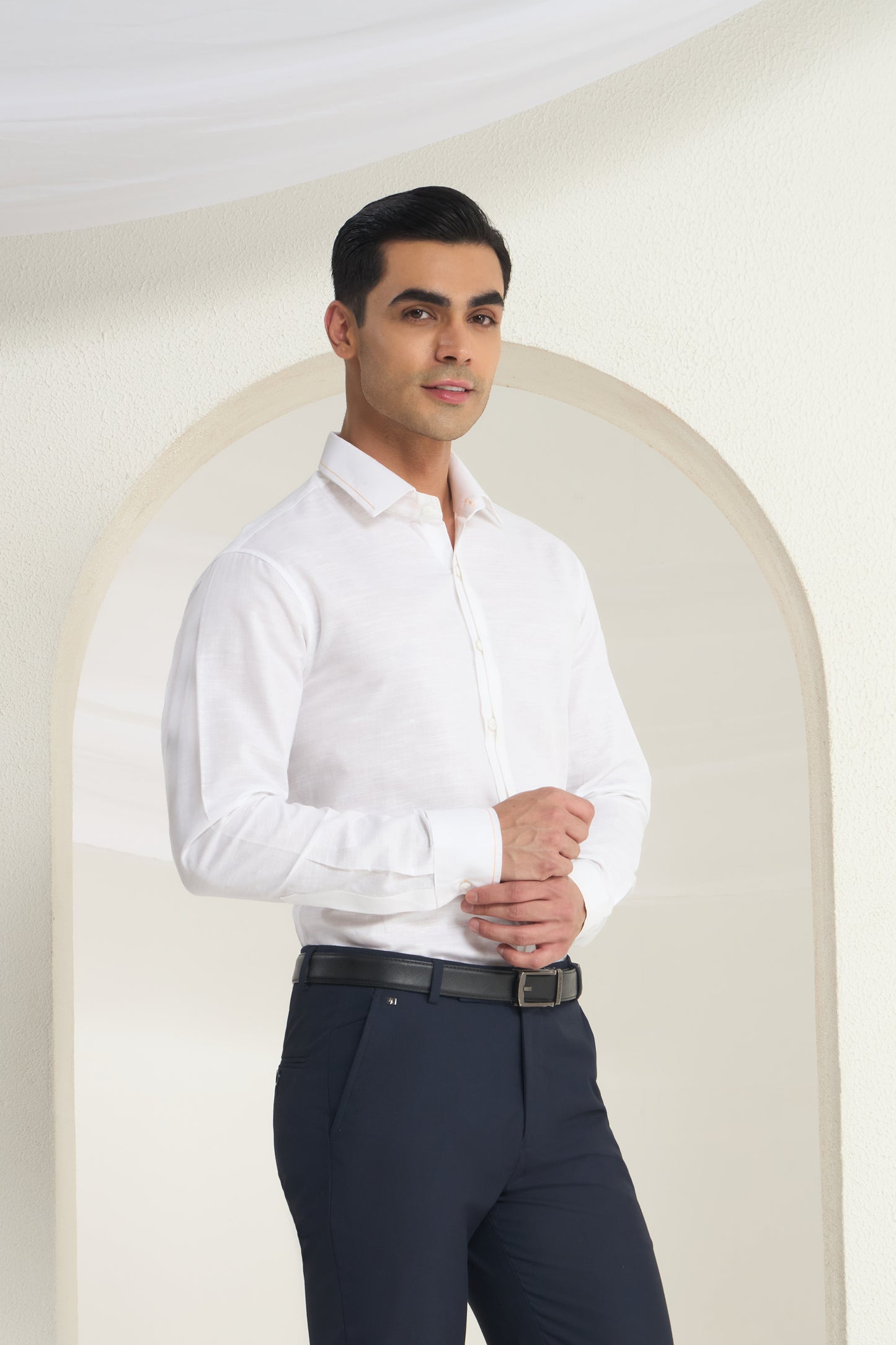 White Linen Shirt with Orange thread Detailing & half Concealed Pocket | INDYSLAY