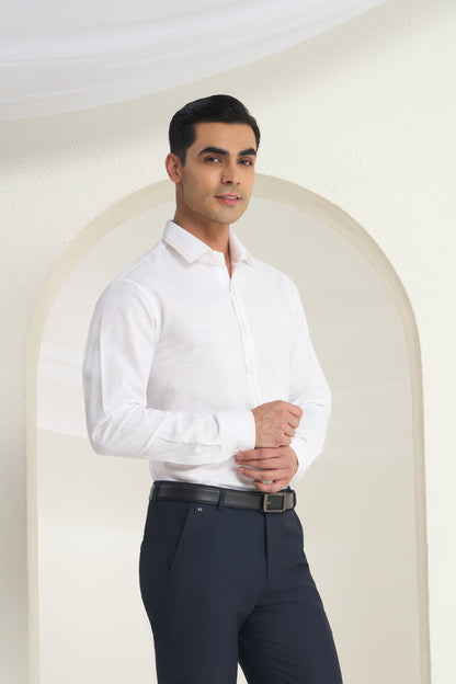 White Linen Shirt with Orange thread Detailing & half Concealed Pocket | INDYSLAY
