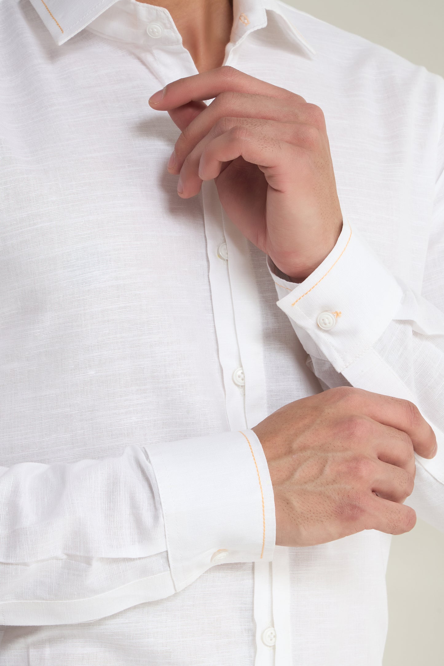 White Linen Shirt with Orange thread Detailing & half Concealed Pocket | INDYSLAY