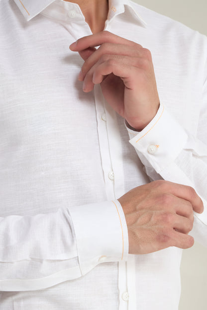 White Linen Shirt with Orange thread Detailing & half Concealed Pocket | INDYSLAY