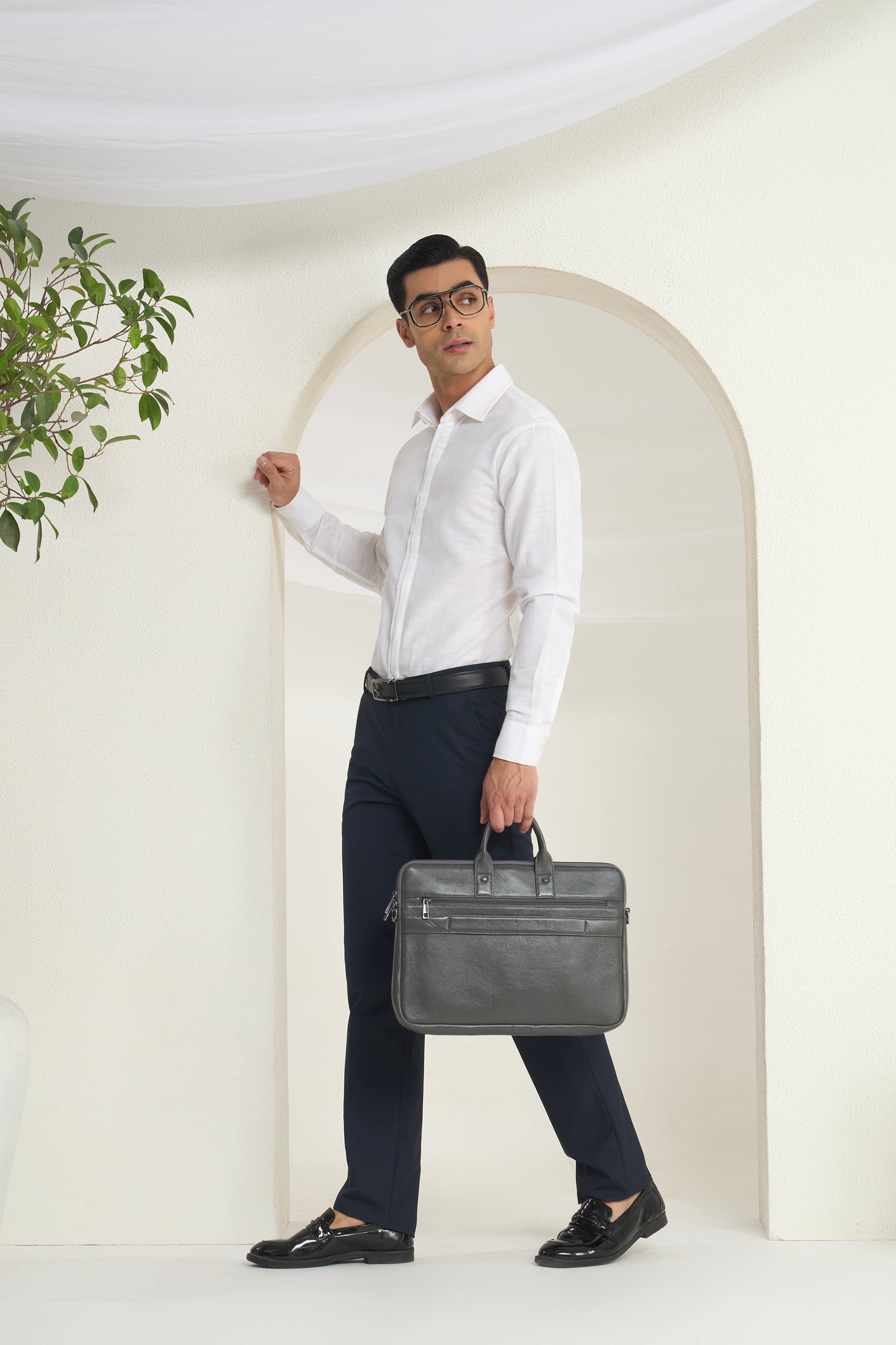 White Linen Shirt with Orange thread Detailing & half Concealed Pocket | INDYSLAY