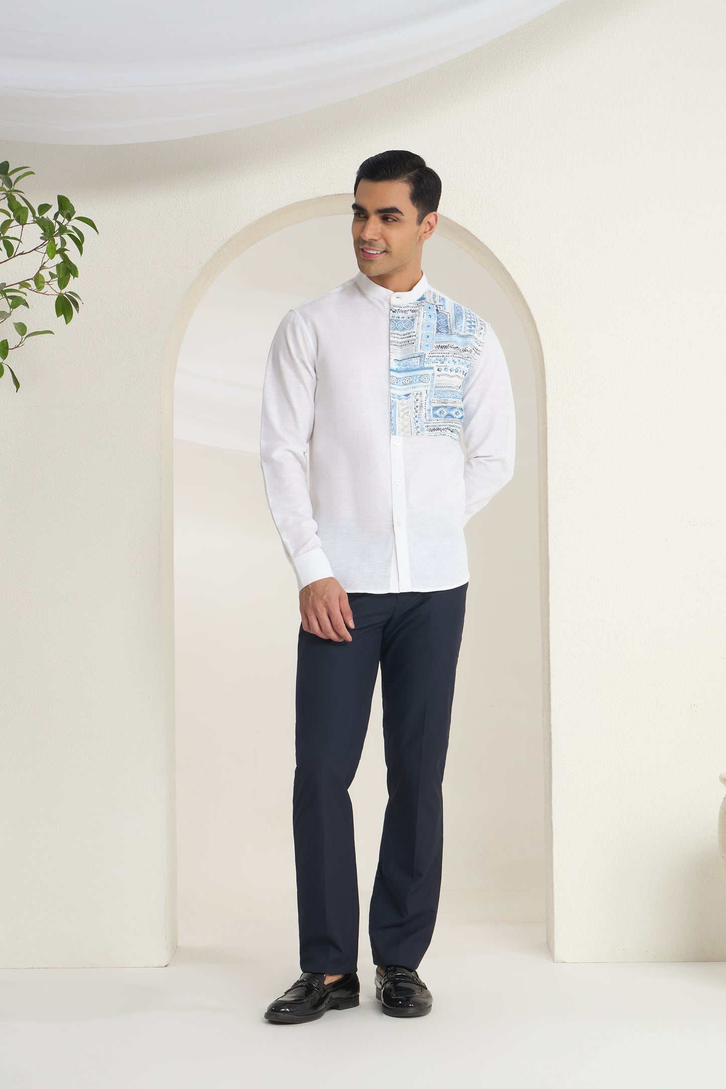White Linen Mandarin Collar Shirt for Men with Blue Printed front Yoke | INDYSLAY