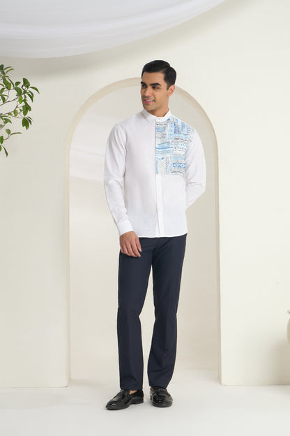 White Linen Mandarin Collar Shirt for Men with Blue Printed front Yoke | INDYSLAY