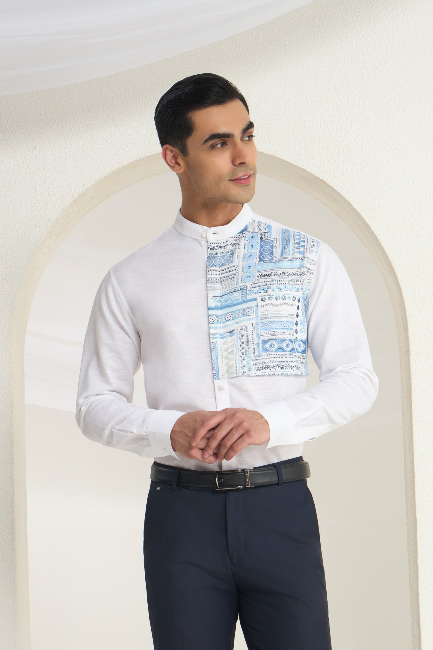 White Linen Mandarin Collar Shirt for Men with Blue Printed front Yoke | INDYSLAY