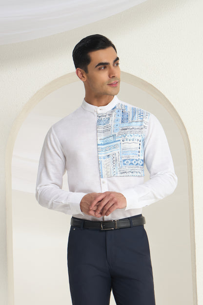 White Linen Mandarin Collar Shirt for Men with Blue Printed front Yoke | INDYSLAY