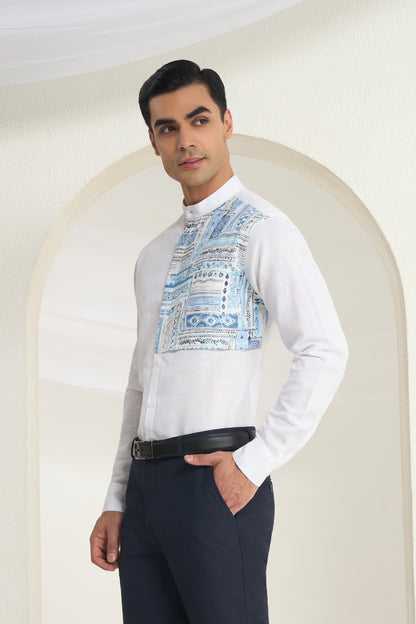 White Linen Mandarin Collar Shirt for Men with Blue Printed front Yoke | INDYSLAY