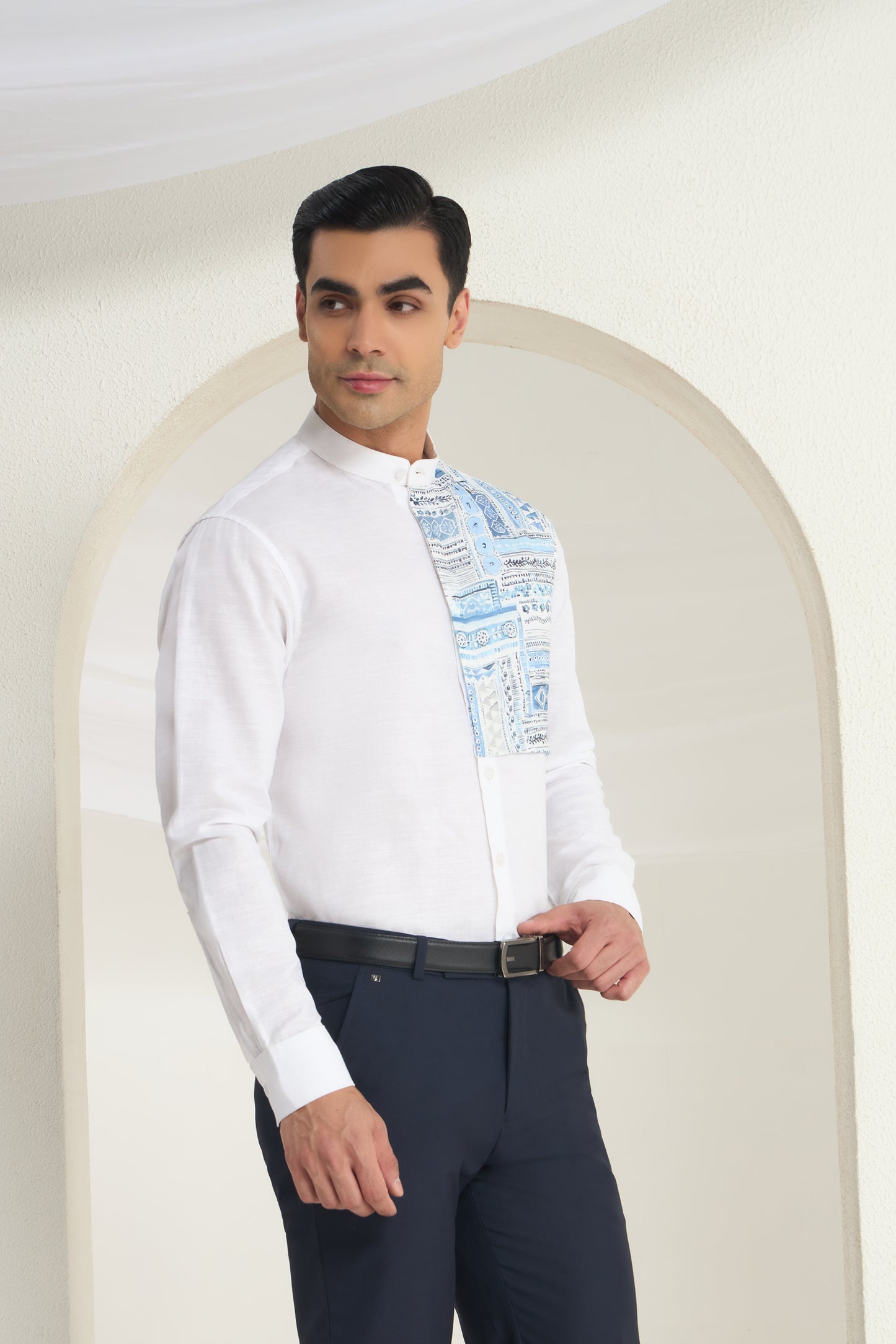 White Linen Mandarin Collar Shirt for Men with Blue Printed front Yoke | INDYSLAY