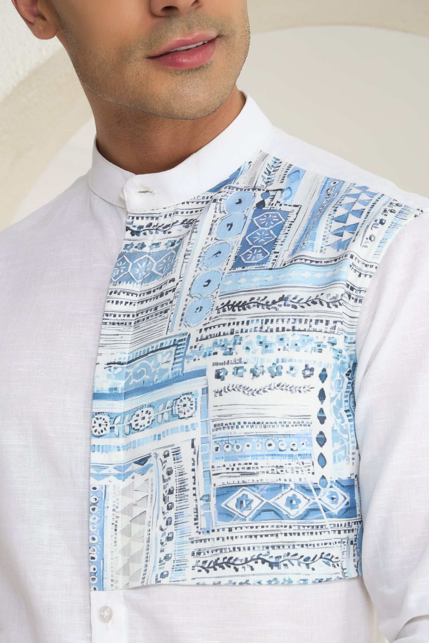 White Linen Mandarin Collar Shirt for Men with Blue Printed front Yoke | INDYSLAY