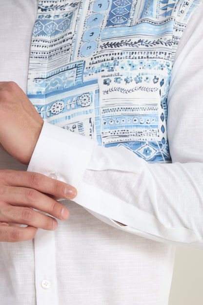 White Linen Mandarin Collar Shirt for Men with Blue Printed front Yoke | INDYSLAY