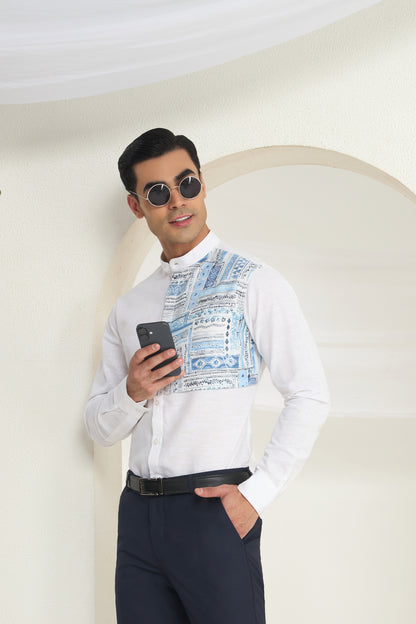 White Linen Mandarin Collar Shirt for Men with Blue Printed front Yoke | INDYSLAY
