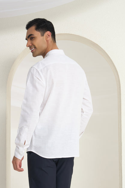 White Mandarin Collar Linen Shirt with Heritage Elephant side yoke print | INDYSLAY
