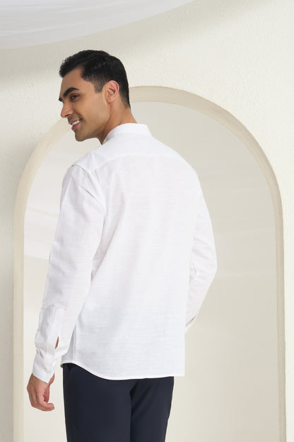 White Linen Mandarin Collar Shirt for Men with Heritage Elephant Front Yoke Print | INDYSLAY