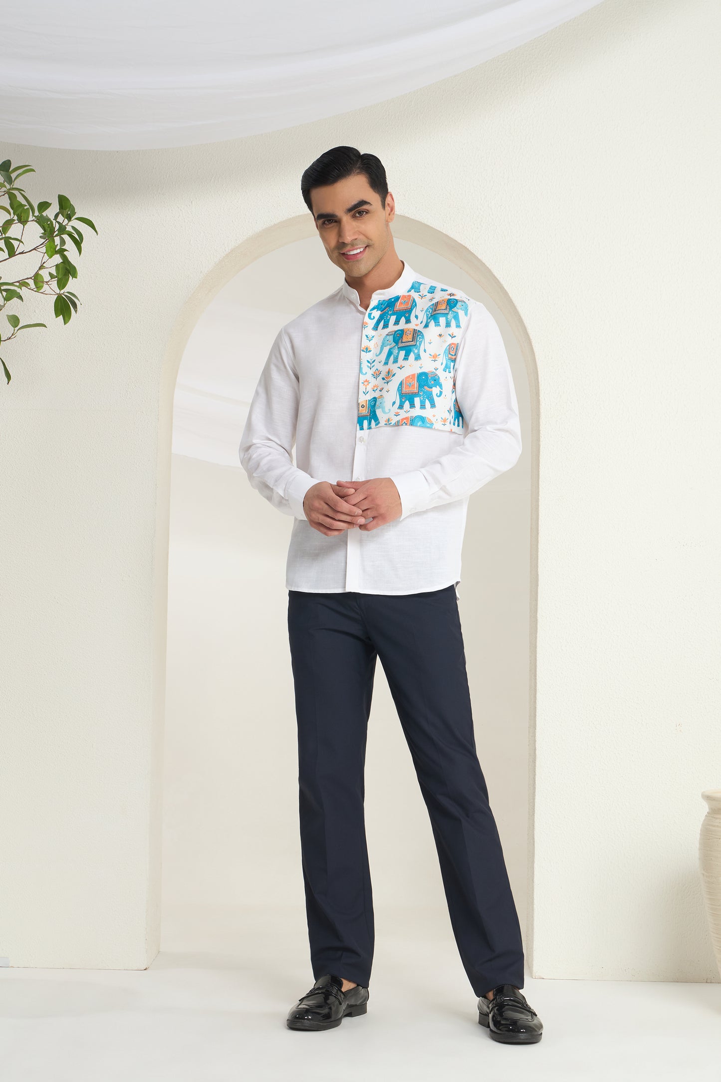 White Mandarin Collar Linen Shirt with Heritage Elephant side yoke print | INDYSLAY