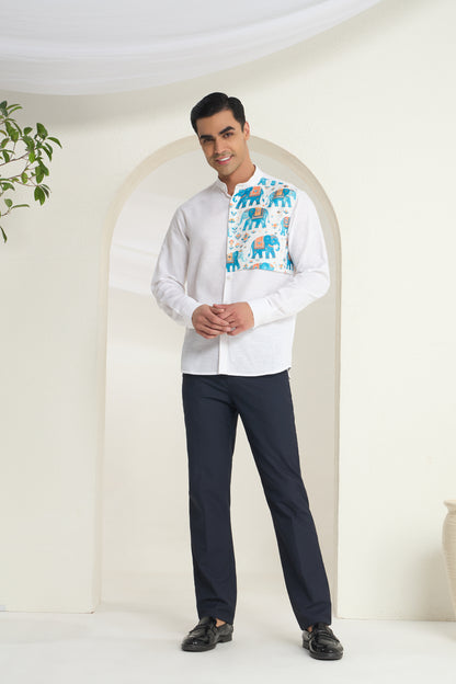 White Mandarin Collar Linen Shirt with Heritage Elephant side yoke print | INDYSLAY