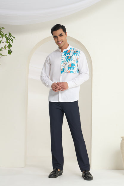 White Linen Mandarin Collar Shirt for Men with Heritage Elephant Front Yoke Print | INDYSLAY