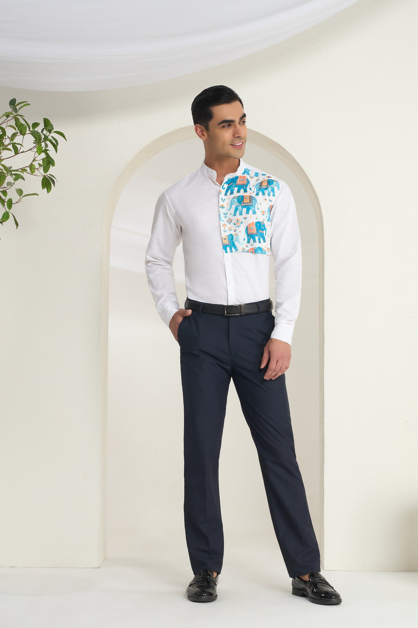 White Mandarin Collar Linen Shirt with Heritage Elephant side yoke print | INDYSLAY