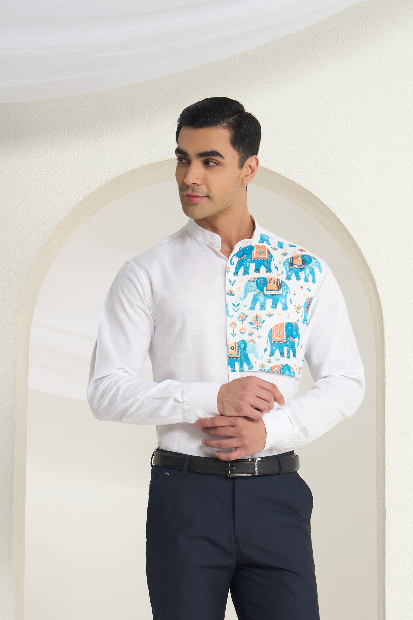White Mandarin Collar Linen Shirt with Heritage Elephant side yoke print | INDYSLAY