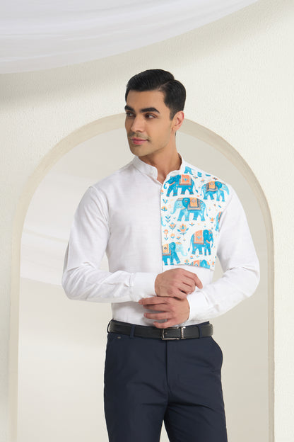 White Mandarin Collar Linen Shirt with Heritage Elephant side yoke print | INDYSLAY