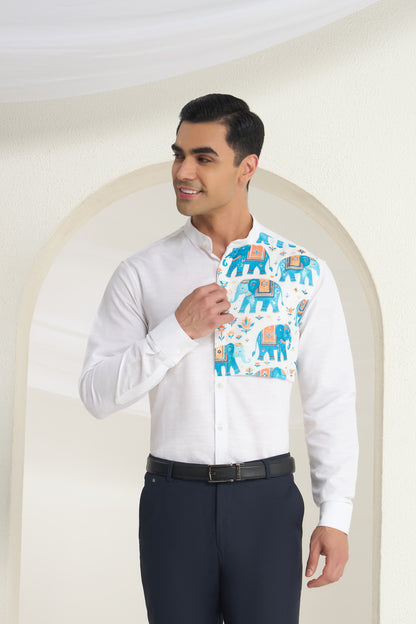White Linen Mandarin Collar Shirt for Men with Heritage Elephant Front Yoke Print | INDYSLAY