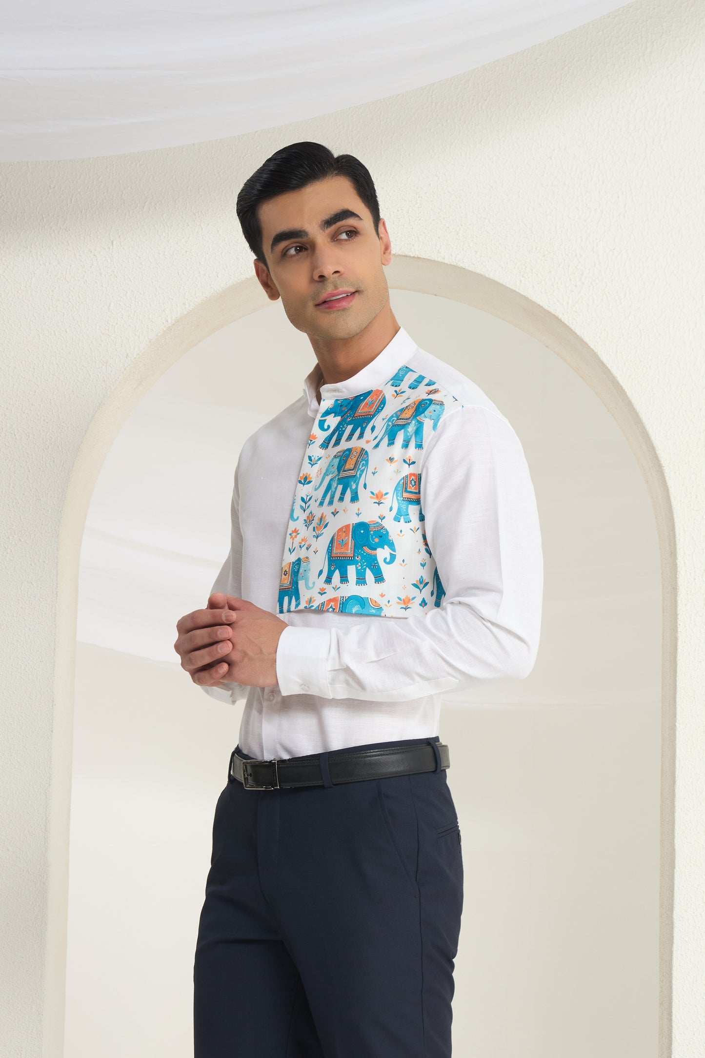 White Mandarin Collar Linen Shirt with Heritage Elephant side yoke print | INDYSLAY