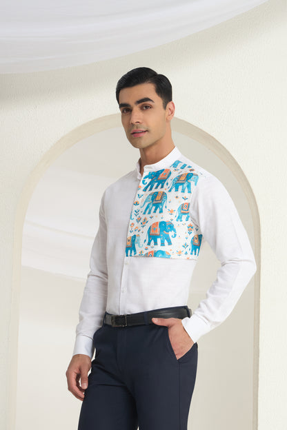 White Linen Mandarin Collar Shirt for Men with Heritage Elephant Front Yoke Print | INDYSLAY