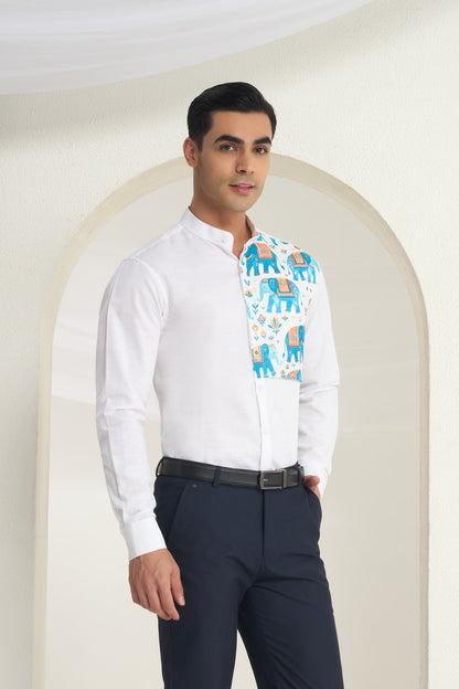 White Mandarin Collar Linen Shirt with Heritage Elephant side yoke print | INDYSLAY