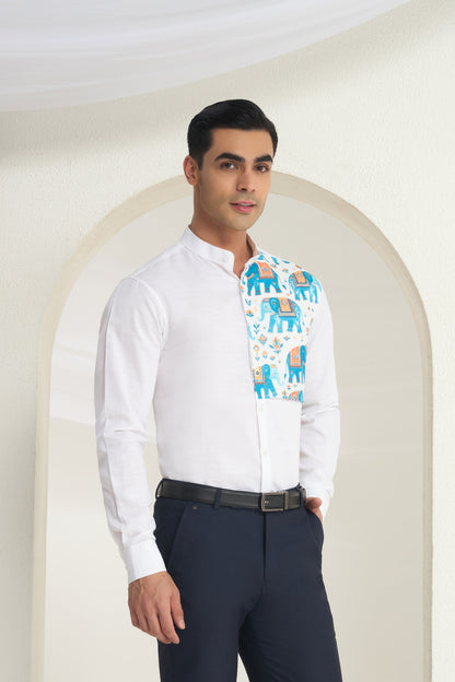 White Linen Mandarin Collar Shirt for Men with Heritage Elephant Front Yoke Print | INDYSLAY