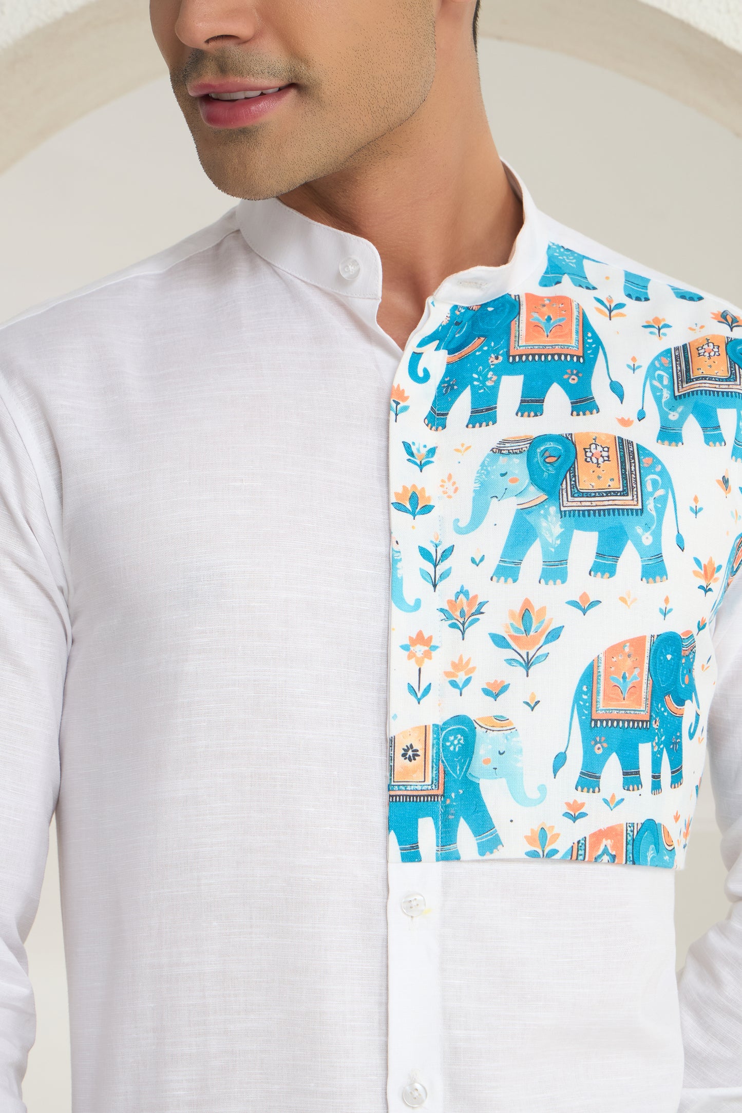 White Linen Mandarin Collar Shirt for Men with Heritage Elephant Front Yoke Print | INDYSLAY