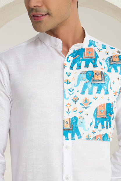 White Linen Mandarin Collar Shirt for Men with Heritage Elephant Front Yoke Print | INDYSLAY