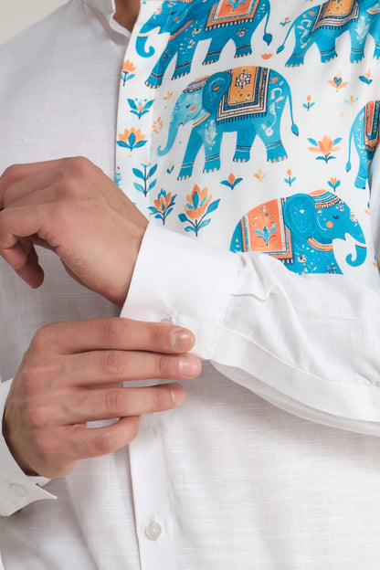 White Linen Mandarin Collar Shirt for Men with Heritage Elephant Front Yoke Print | INDYSLAY