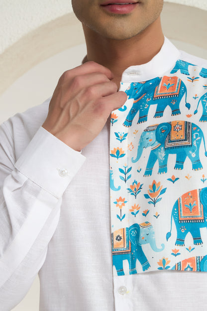 White Mandarin Collar Linen Shirt with Heritage Elephant side yoke print | INDYSLAY