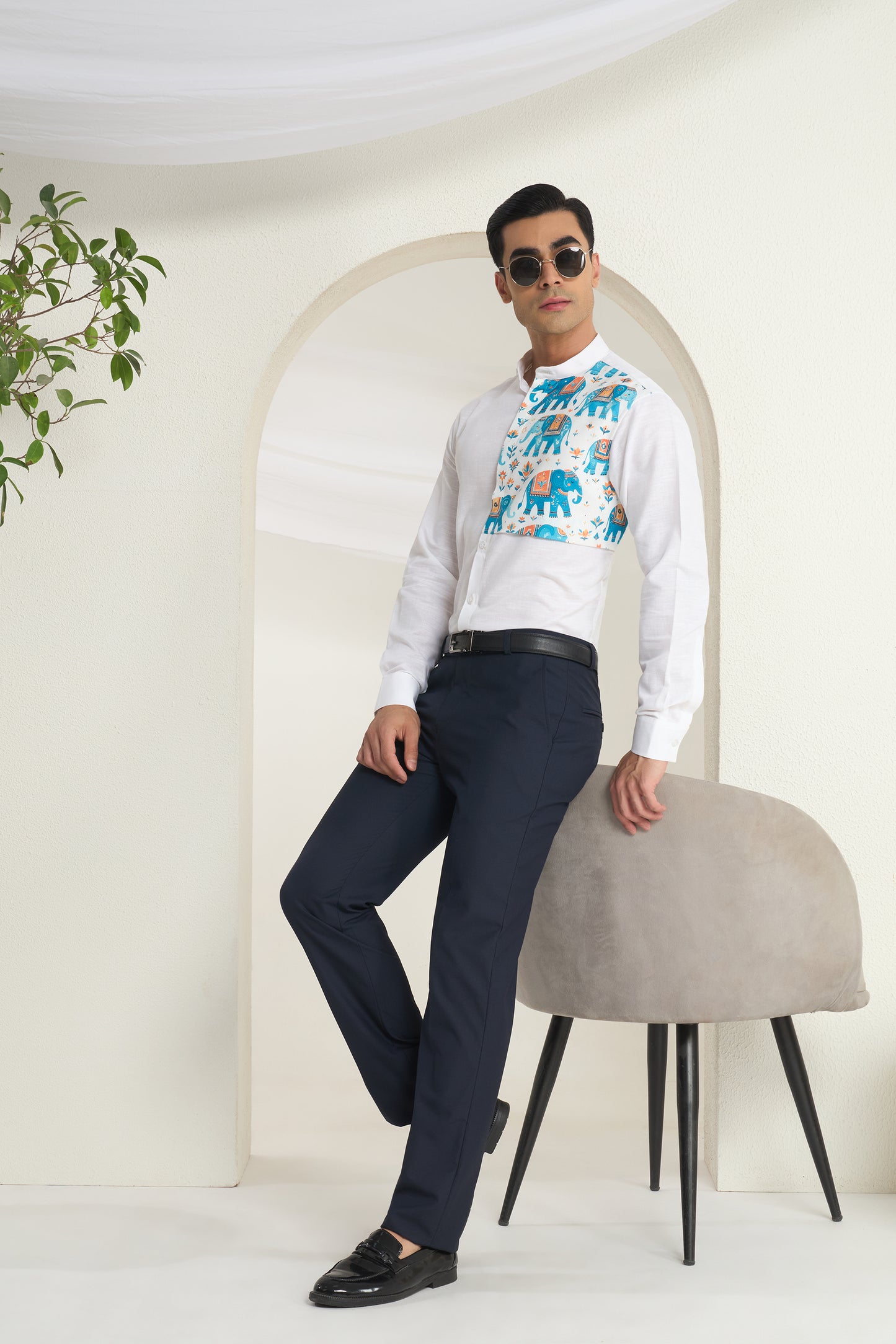 White Mandarin Collar Linen Shirt with Heritage Elephant side yoke print | INDYSLAY