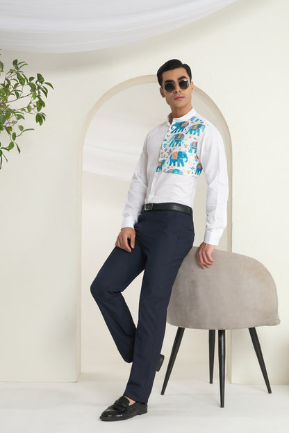 White Mandarin Collar Linen Shirt with Heritage Elephant side yoke print | INDYSLAY