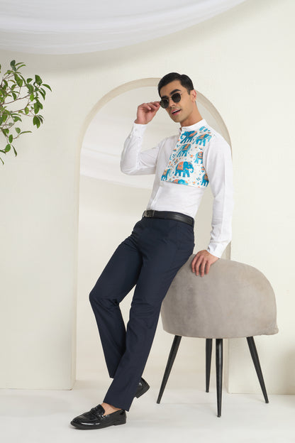 White Linen Mandarin Collar Shirt for Men with Heritage Elephant Front Yoke Print | INDYSLAY