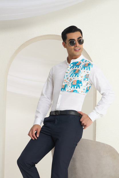 White Linen Mandarin Collar Shirt for Men with Heritage Elephant Front Yoke Print | INDYSLAY