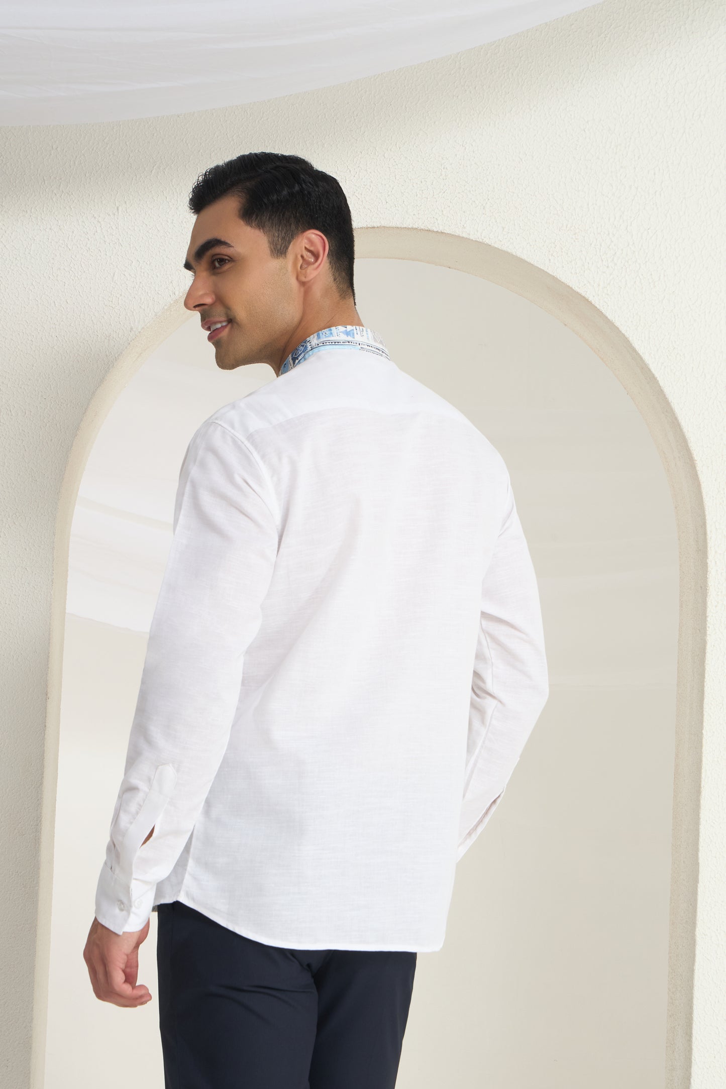 Azure Heritage Placket & Mandarin Collar Print- White Linen Shirt | INDYSLAY