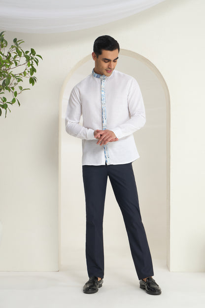 Azure Heritage Placket & Mandarin Collar Print- White Linen Shirt | INDYSLAY