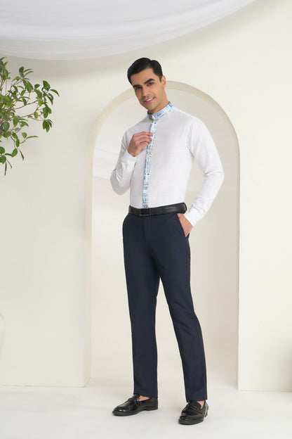 Azure Heritage Placket & Mandarin Collar Print- White Linen Shirt | INDYSLAY
