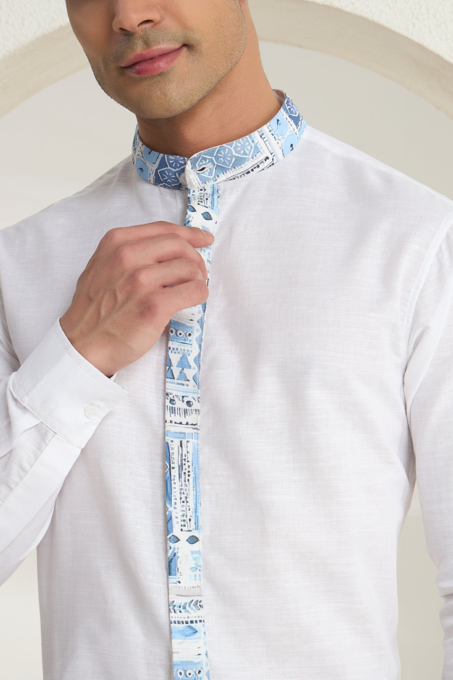 Azure Heritage Placket & Mandarin Collar Print- White Linen Shirt | INDYSLAY