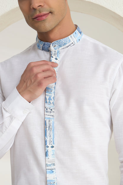 Azure Heritage Placket & Mandarin Collar Print- White Linen Shirt | INDYSLAY