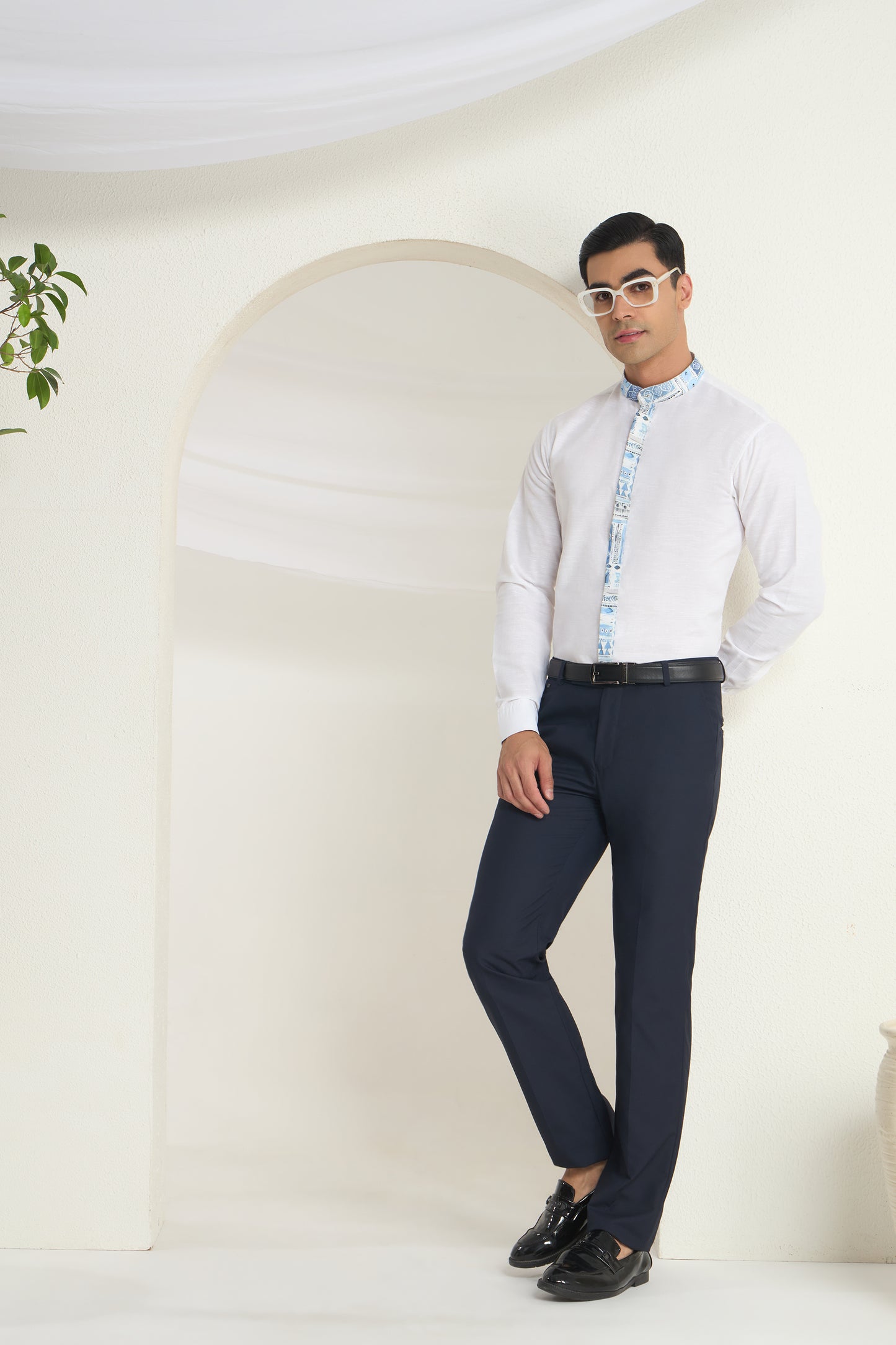 Azure Heritage Placket & Mandarin Collar Print- White Linen Shirt | INDYSLAY
