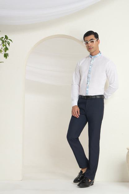 Azure Heritage Placket & Mandarin Collar Print- White Linen Shirt | INDYSLAY