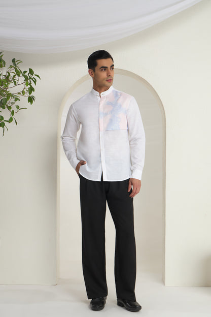 White Mandarin Collar Shirt with Classy Gradient single side Patch | INDYSLAY