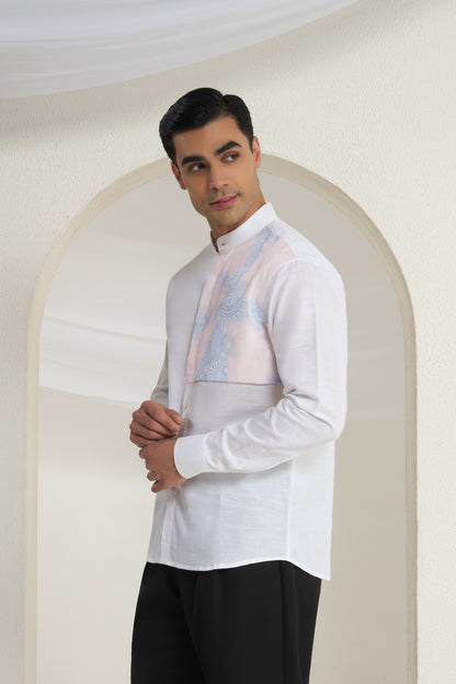 White Mandarin Collar Shirt with Classy Gradient single side Patch | INDYSLAY
