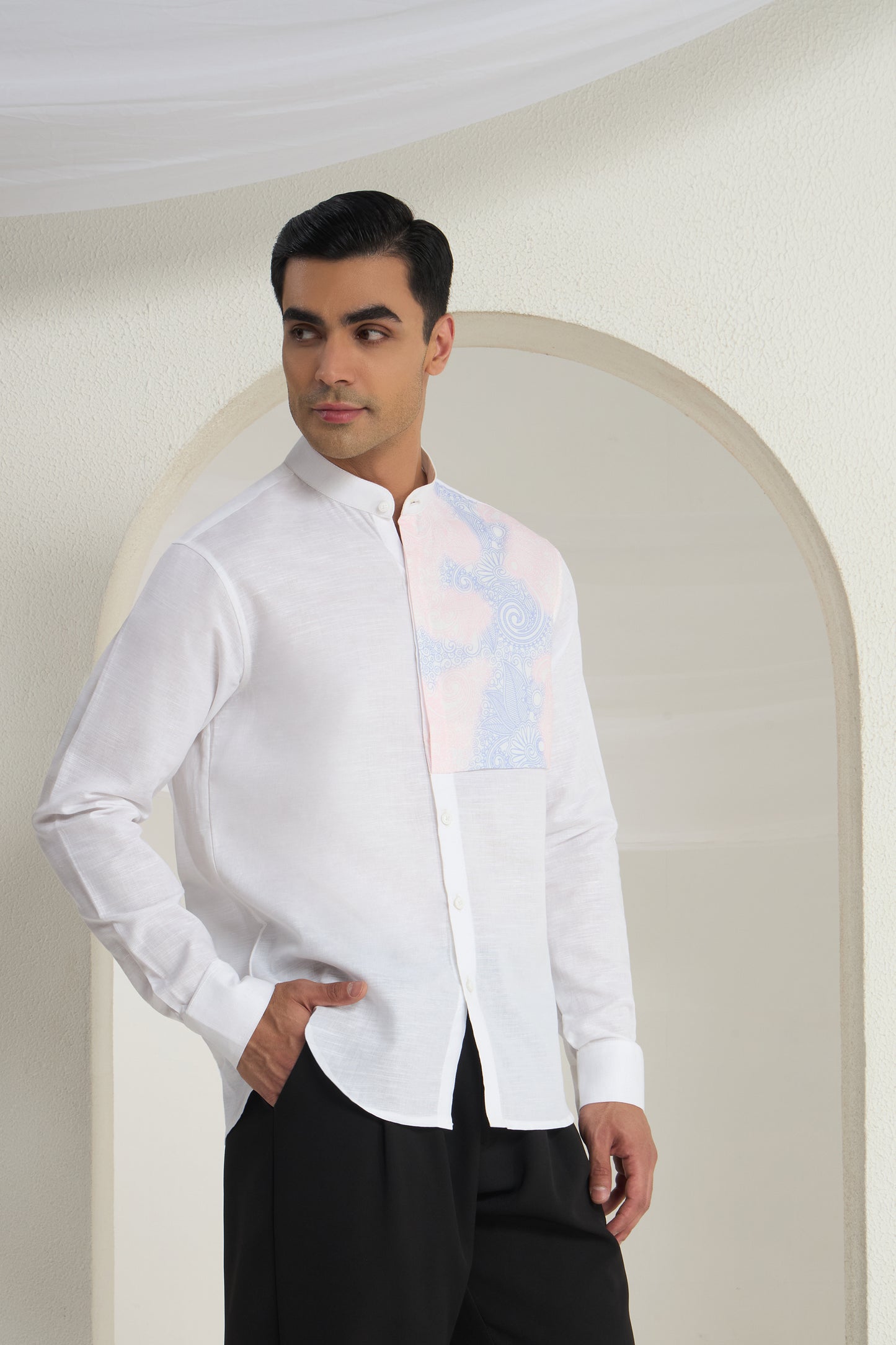 White Mandarin Collar Shirt with Classy Gradient single side Patch | INDYSLAY
