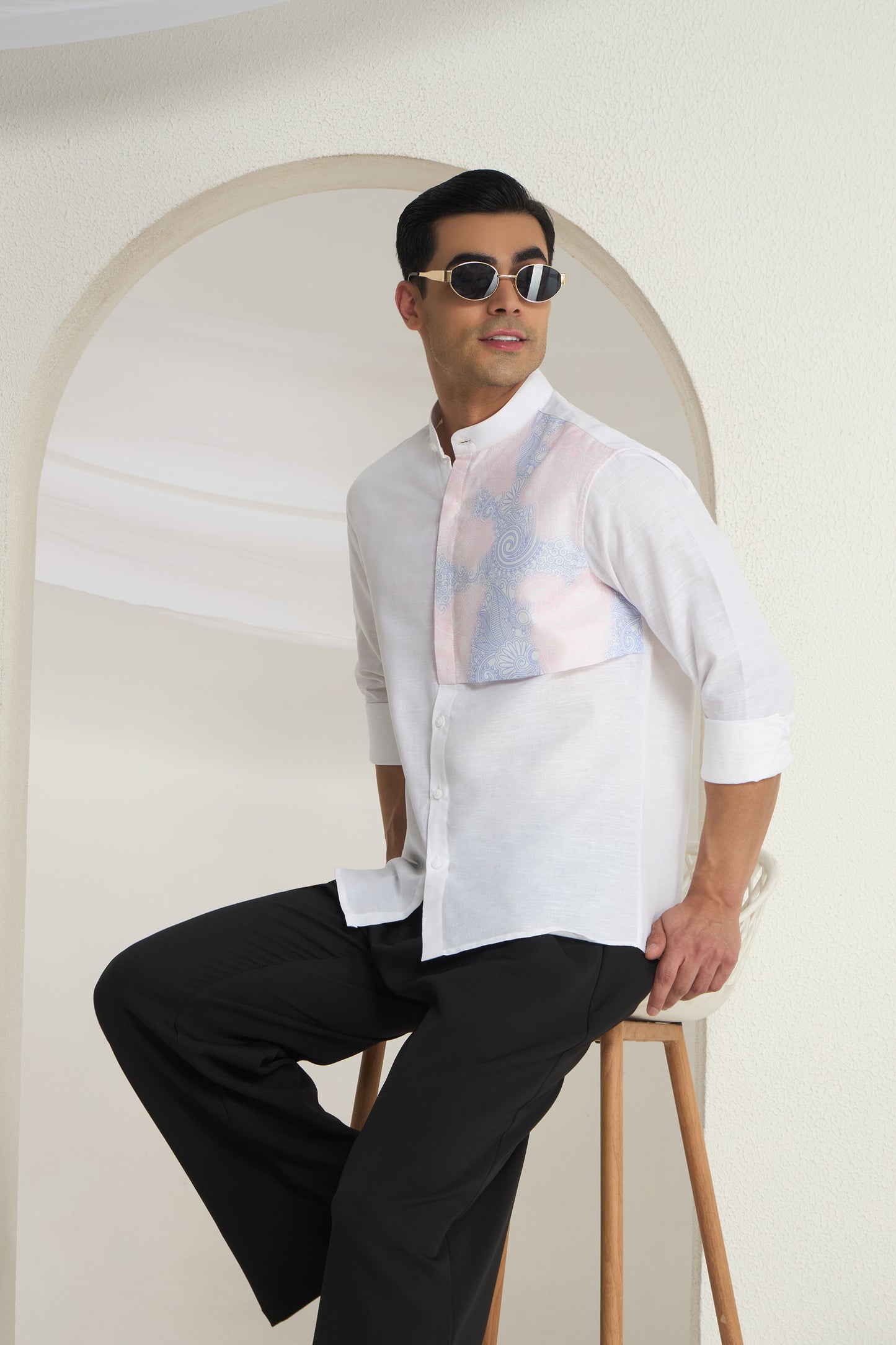White Mandarin Collar Shirt with Classy Gradient single side Patch | INDYSLAY