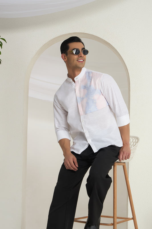 White Mandarin Collar Shirt with Classy Gradient single side Patch | INDYSLAY