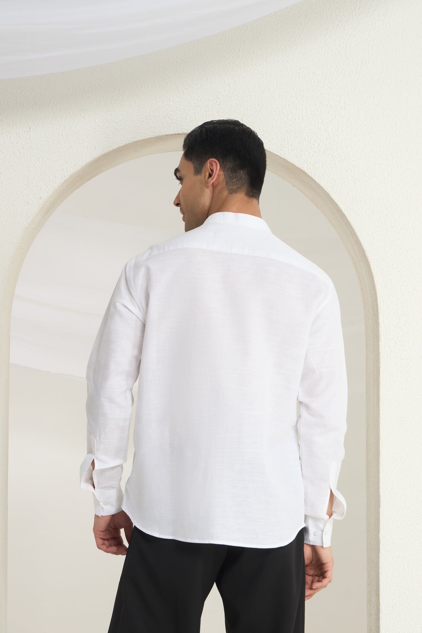 White Linen Mandarin Collar Shirt for Men with Aqua Panel Evil Eye Design Front Yoke Print | INDYSLAY